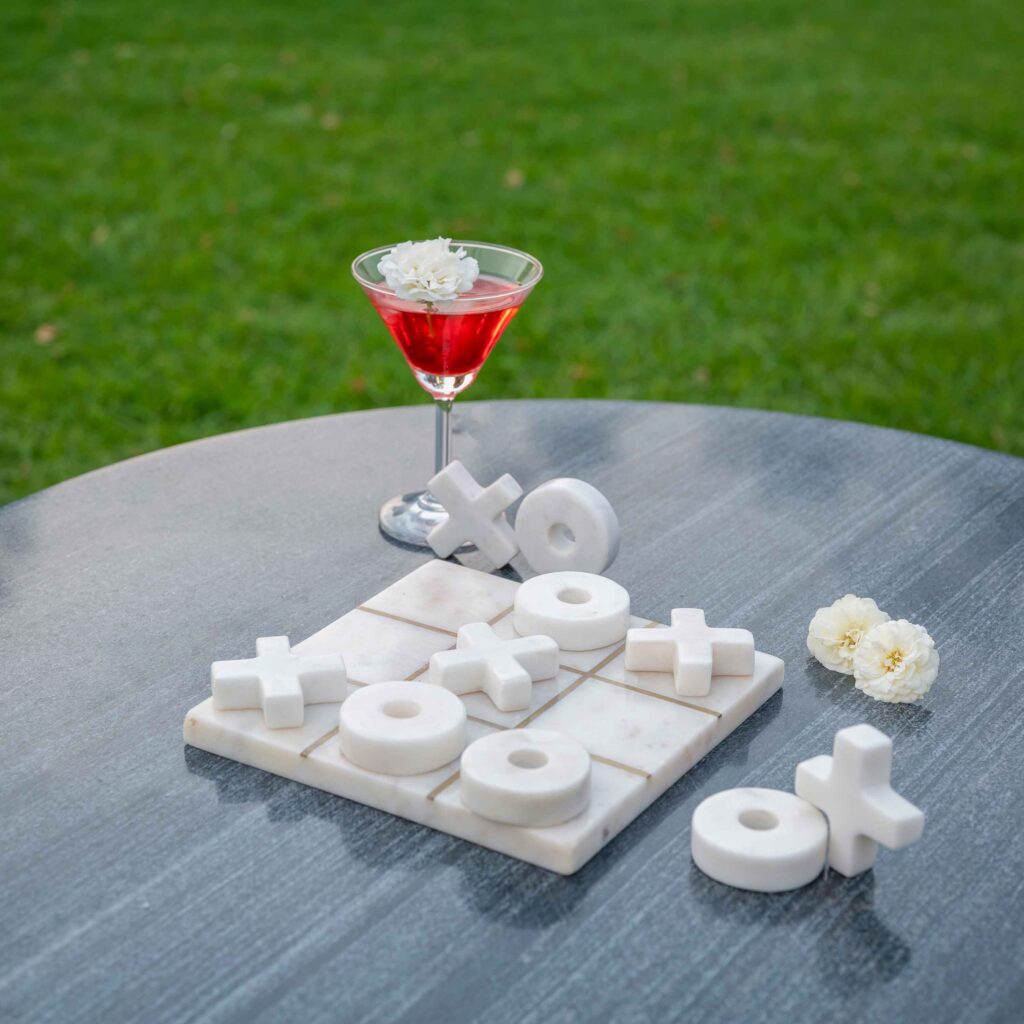 White Marble Tic Tac Toe Game with Brass Inlay