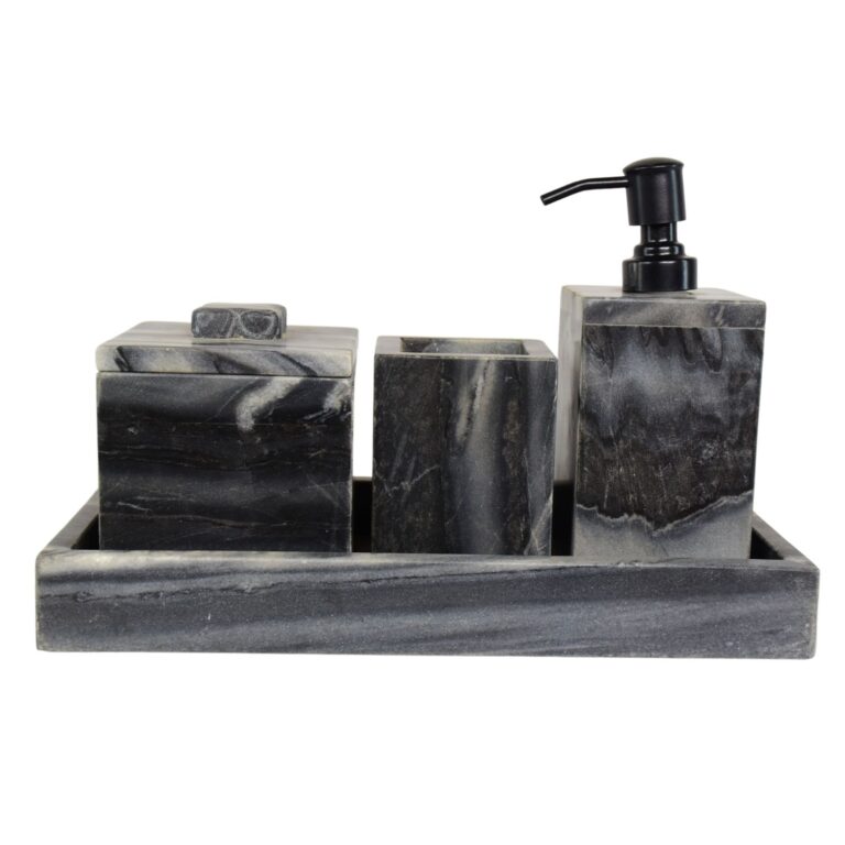 grey marble bathroom set with tray