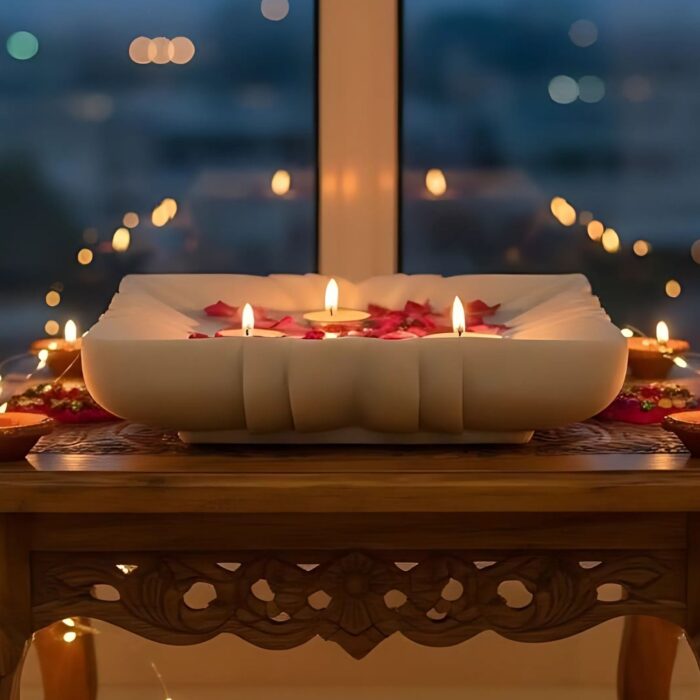Chinar Urli decorative bowl inspired by Chinar leaf design with floating candles and flowers for home décor, Diwali decoration, and pooja use – Luxlina