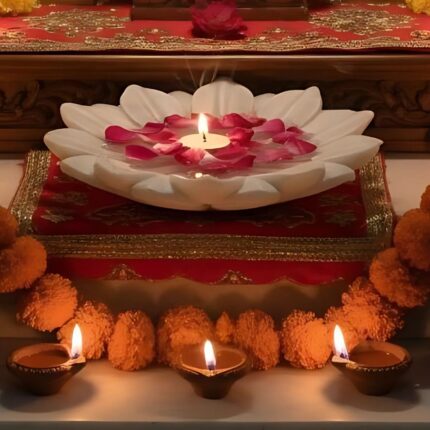 Lotus Urli decorative bowl with floating candle and rose petals for home décor, Diwali decoration, and pooja use – Luxlina