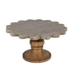 BROWN MARBLE CAKE STAND WITH WOOD BASE